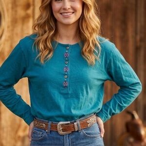 Vintage 80s Nuovo Teal Western Embroidered Metal Bitton Top Size Medium